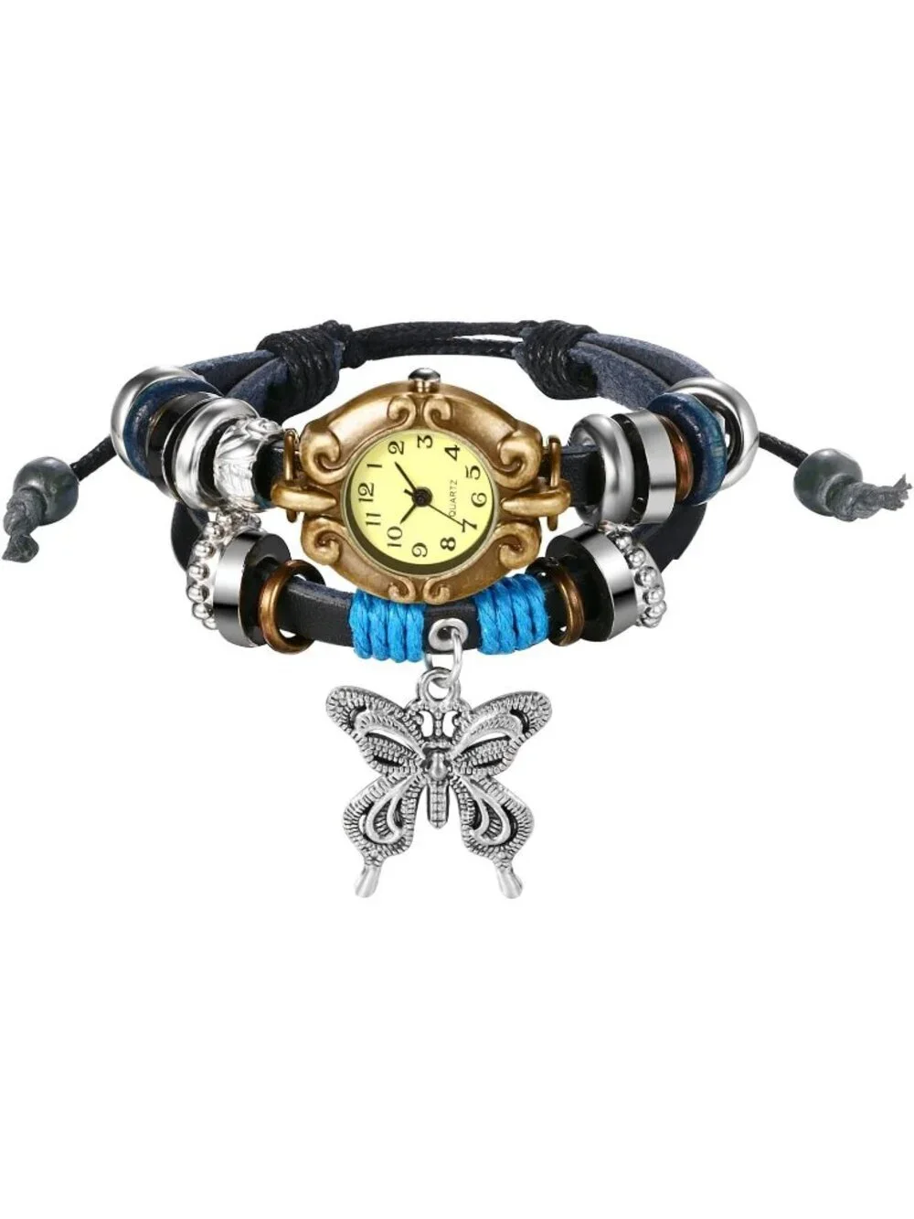 Women Black Blue Analog Butterfly Bracelet Weave Wrap Around Leather Wrist Watch